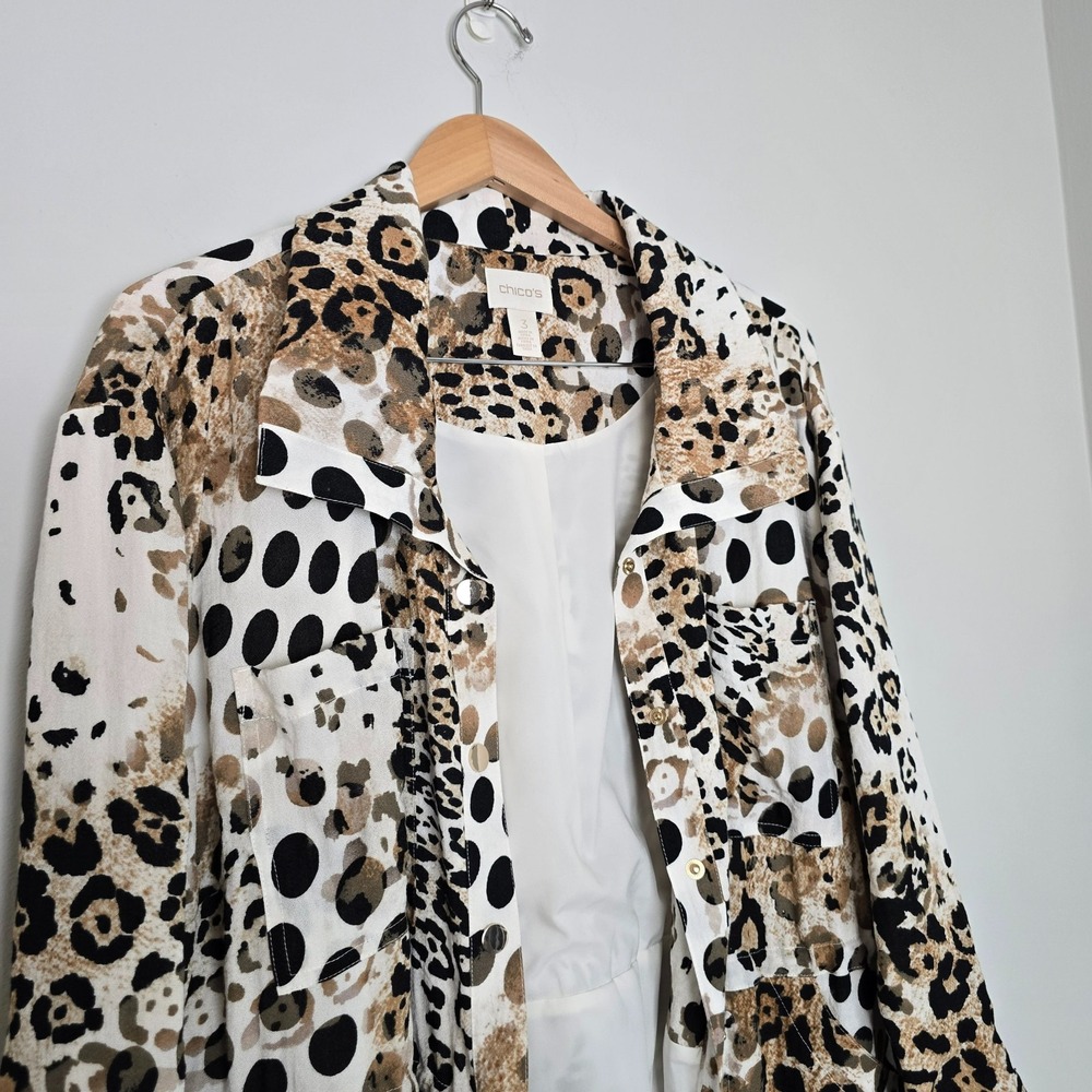 Chicos Womens Animal Print Longline Jacket Size XL Leopard‎ Lightweight Mob Wife - Picture 3 of 15